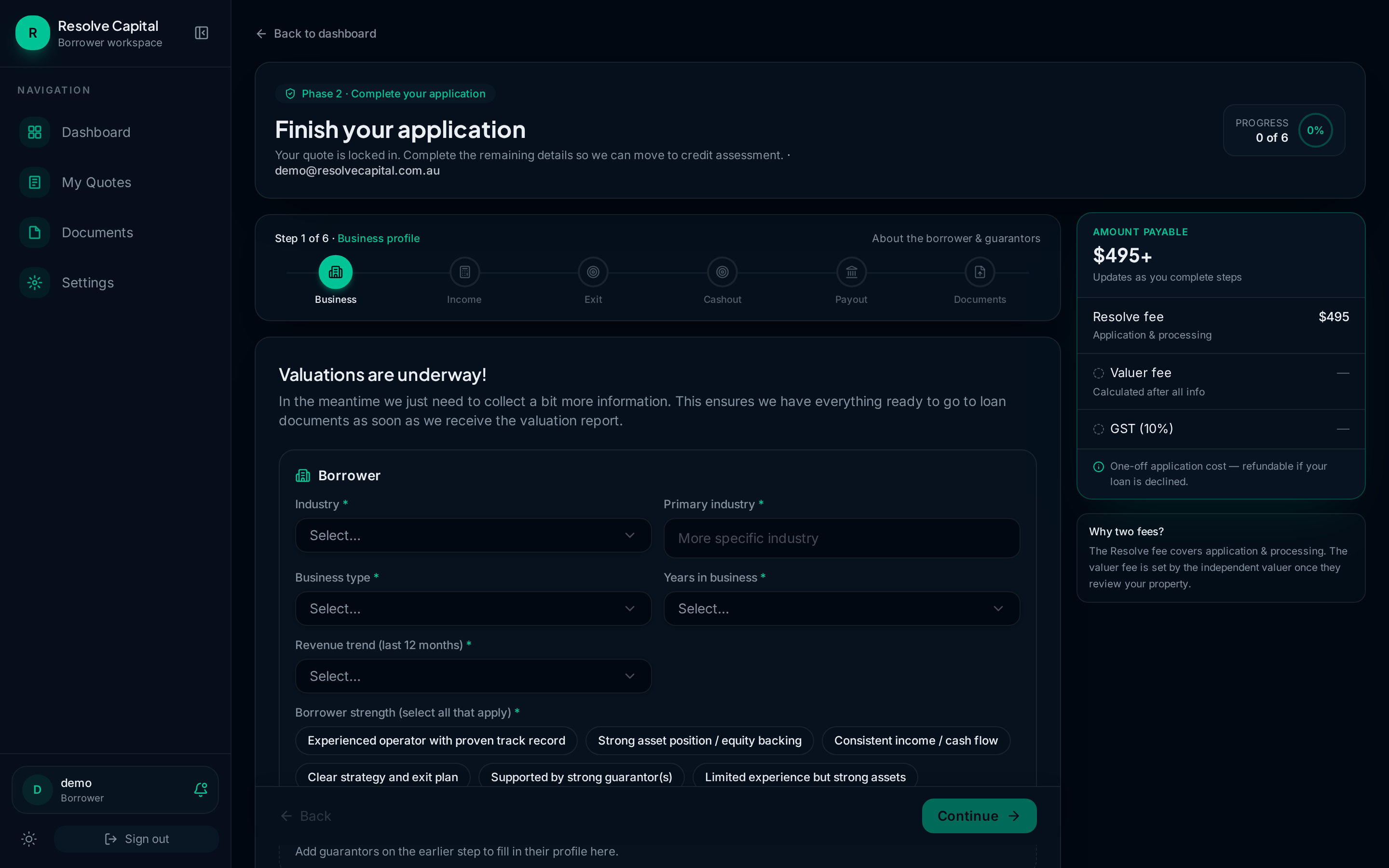 Resolve Capital portal — guided application onboarding